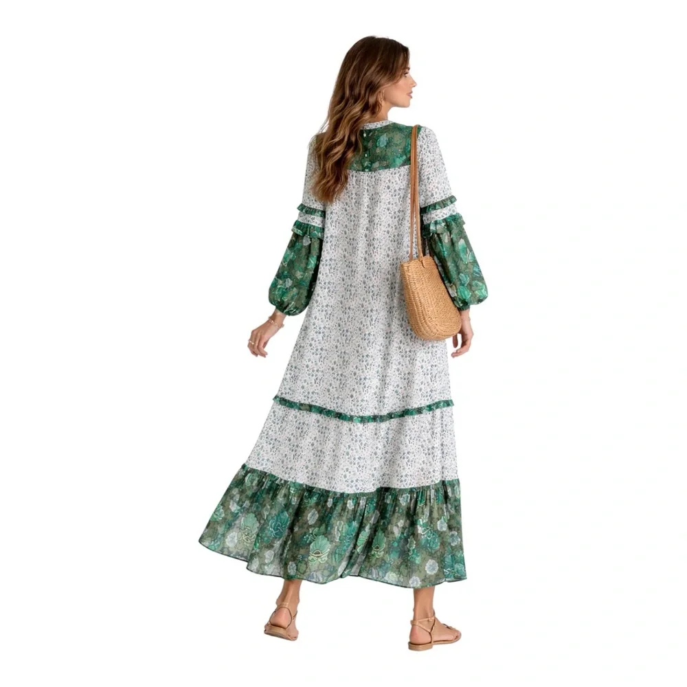 R Vivimos Green Floral Boho Maxi Dress Size L 12/14 Long Sleeve Side Slit - Picture 2 of 5